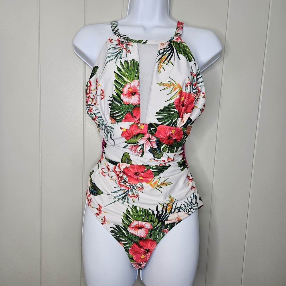 One Piece‎ Bathing Suit White Floral Size Large